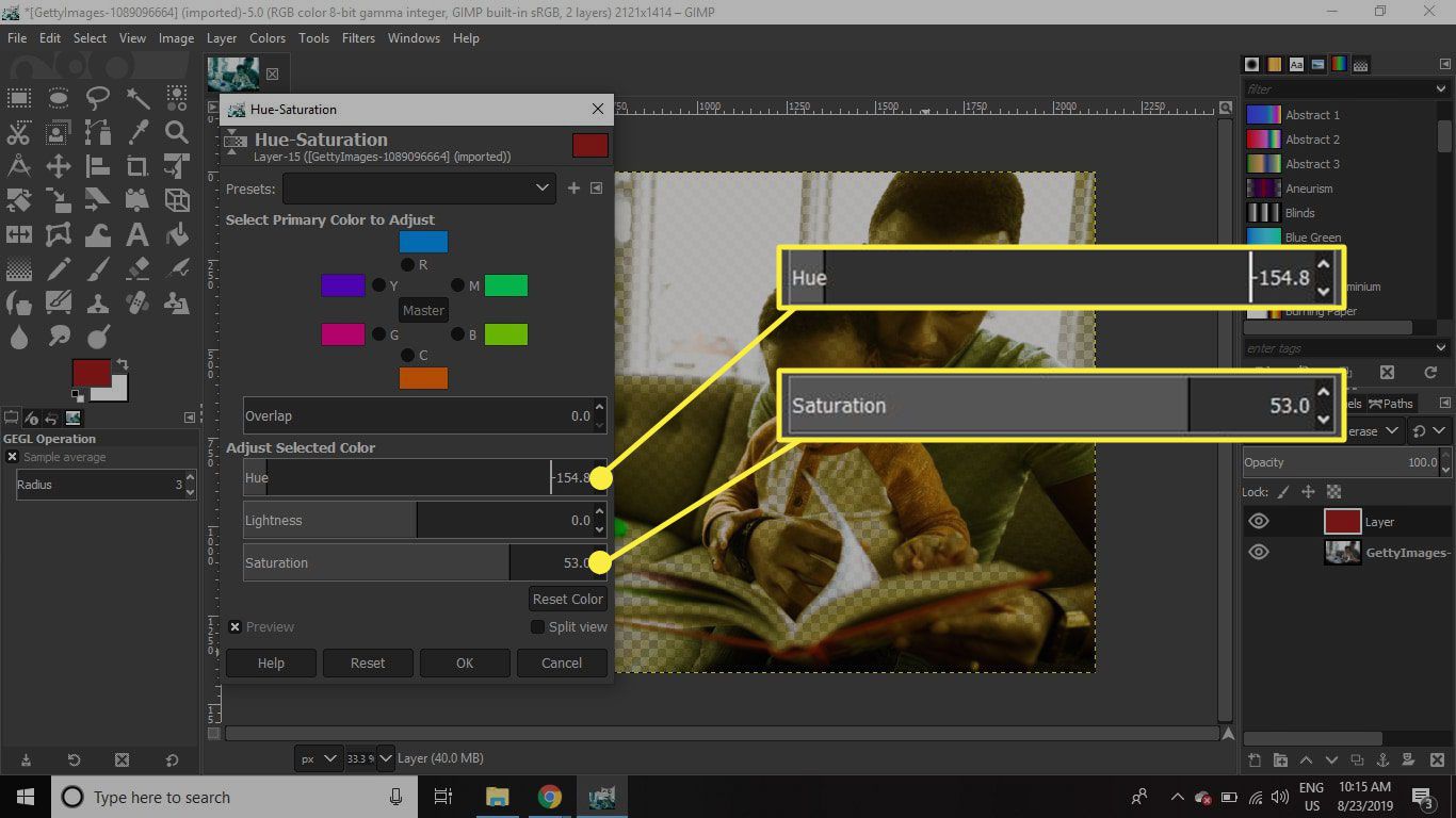 Знімок екрана вікна відтінку відтінку в GIMP з виділеними повзунками відтінку та насиченості