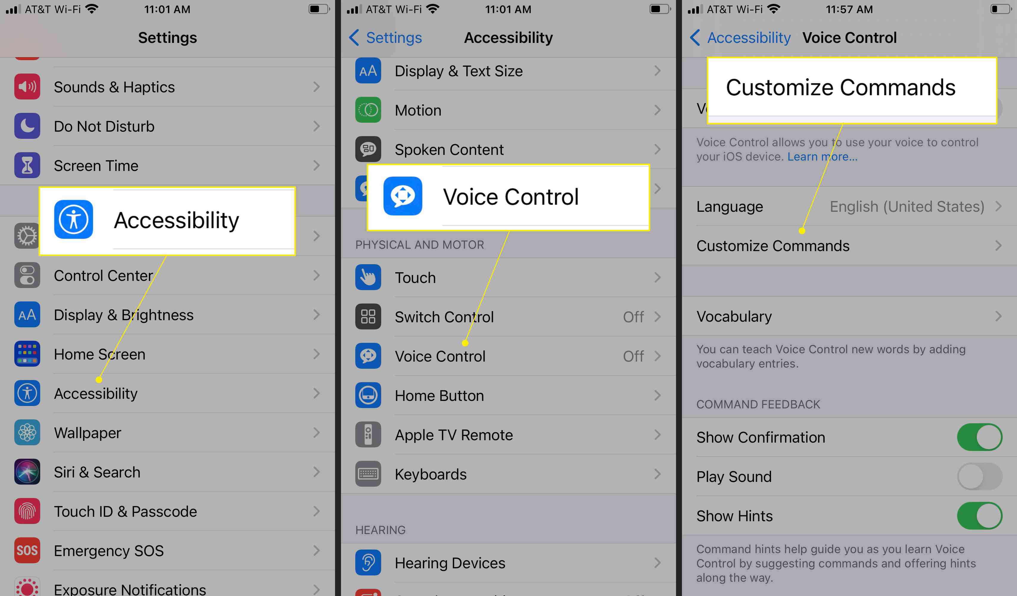 Налаштування iPhone з виділеними командами спеціальних можливостей, голосового керування та налаштування