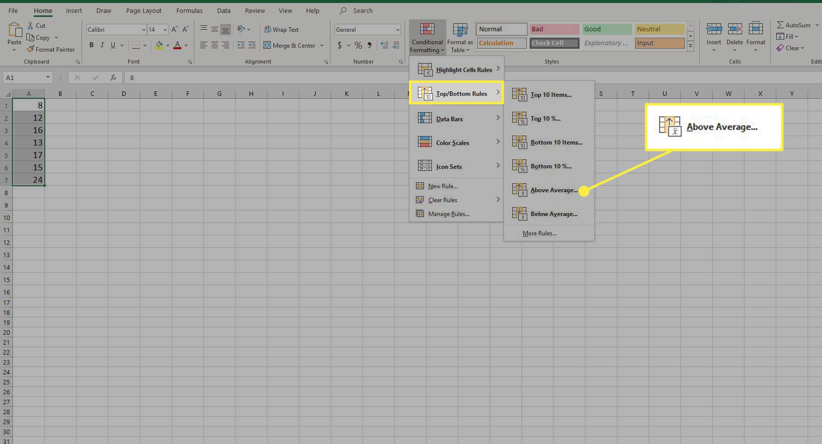 Знімок екрана Excel з виділеними параметрами умовного форматування