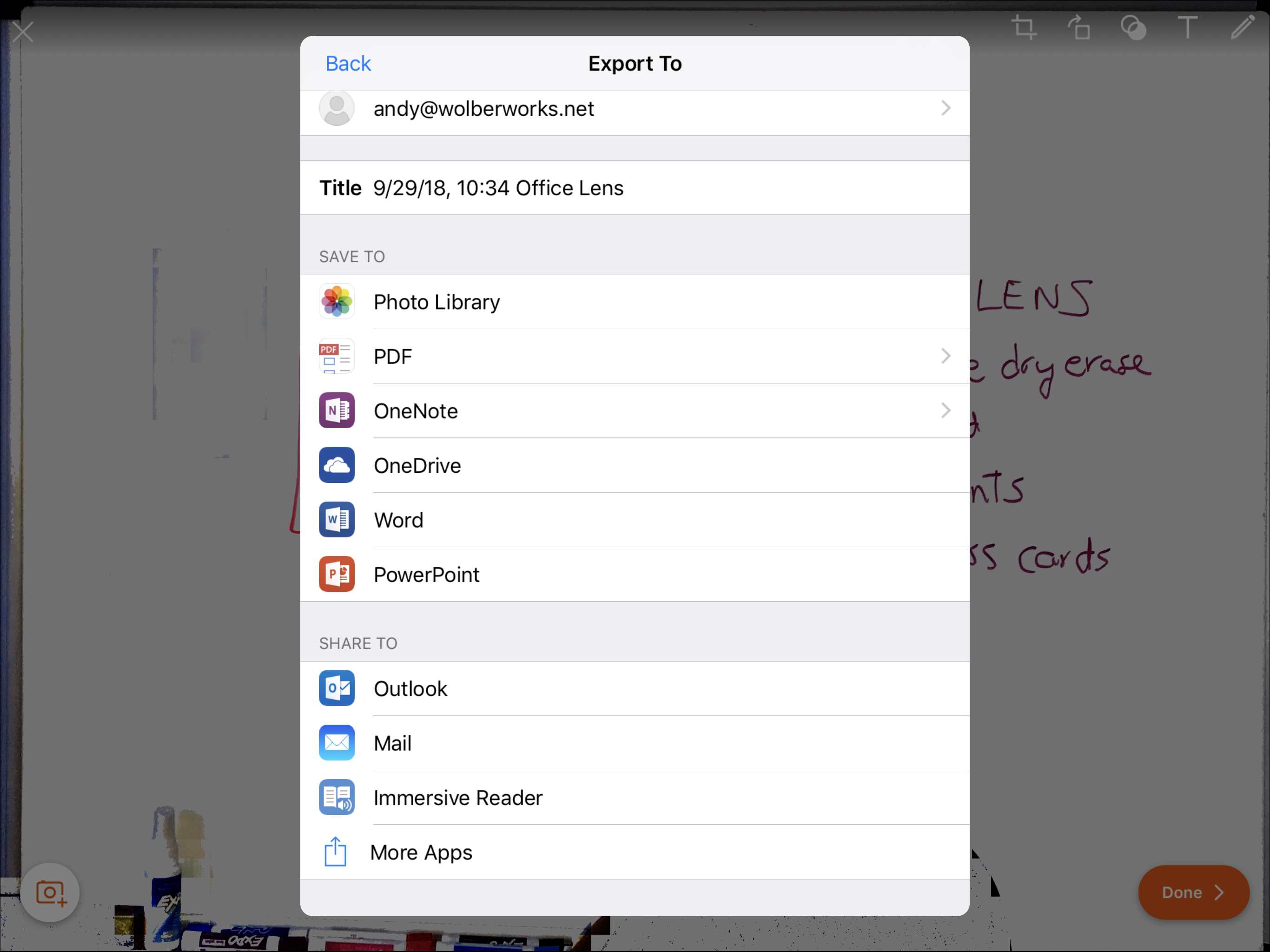 Знімок екрана параметрів експорту для Microsoft Lens: переважно до інших програм Microsoft, але також PDF, Photo та Mail