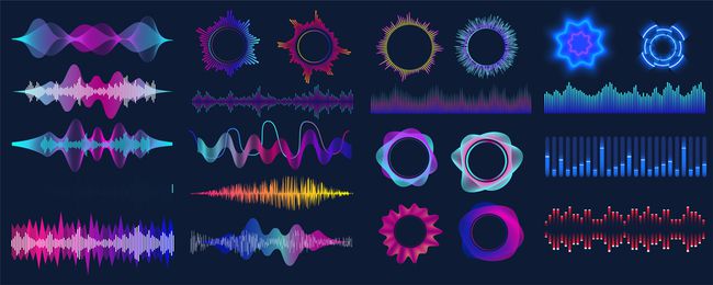 Барвисті звукові хвилі.  Аудіо сигнал хвилі, колірний градієнт музичних форм хвилі та цифровий студійний еквалайзер векторний набір.  Аналоговий і цифровий звуковий сигнал.