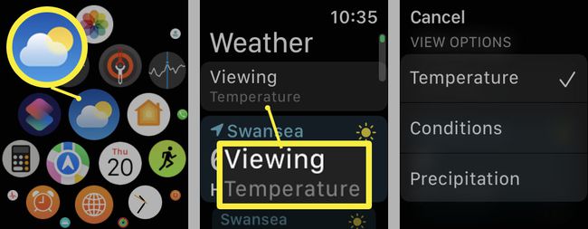 Додаток Apple Watch Weather із виділеними параметрами перегляду.