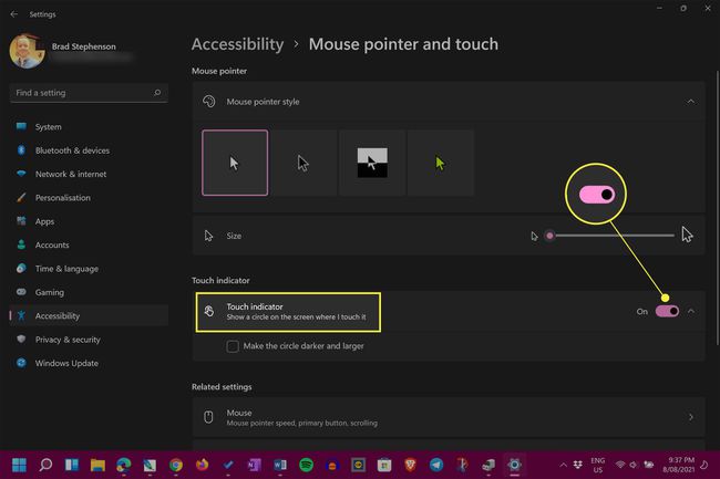 Вказівник миші Windows 11 і налаштування дотику з виділеним індикатором дотику та його перемикачем