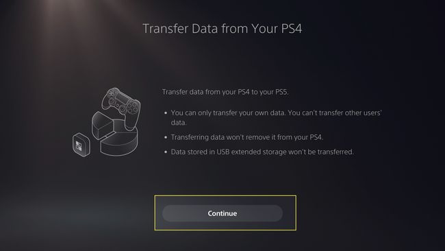 Екран попередження про передачу даних на PS5 із виділеним Продовжити
