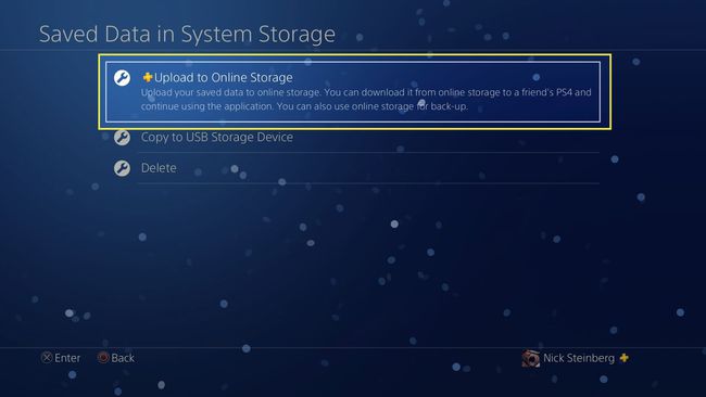 Завантаження збережених даних PS4 в хмарне сховище з виділеним пунктом Завантажити в онлайн-сховище