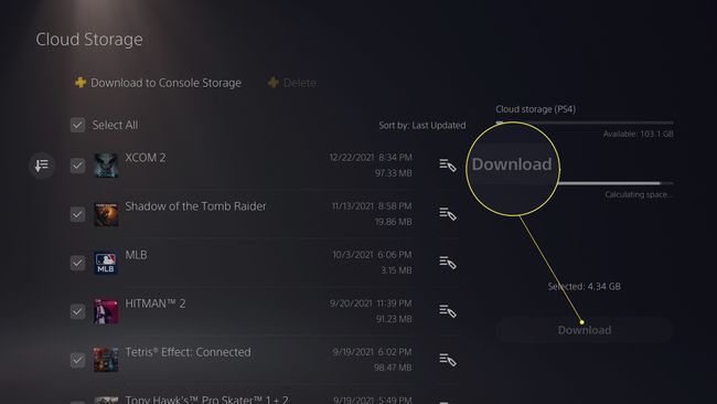 Вибір файлів збереження PS4 для завантаження на PS5 з виділеним пунктом Завантаження