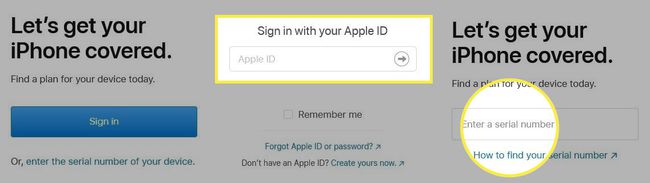 Екран входу AppleCare iPhone із виділеними Apple ID та серійним номером