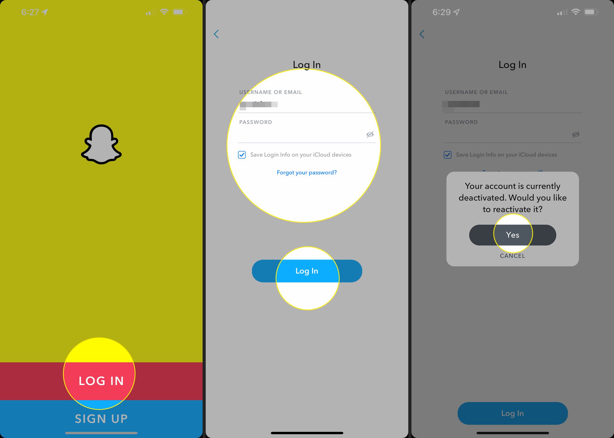 Програма Snapchat із виділеними пунктами «Увійти», «Увійти» та «Так».
