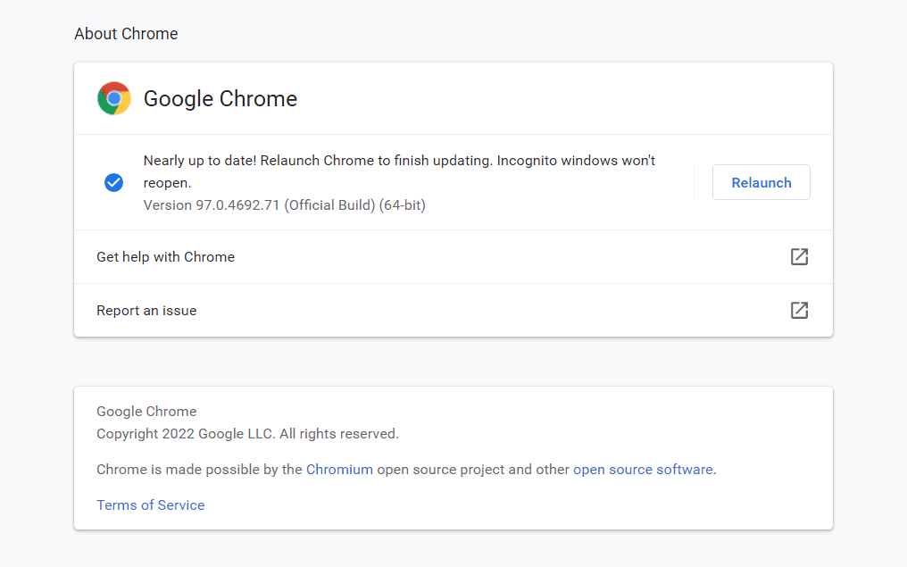 Про сторінку Chrome із кнопкою «Перезапустити» для оновлення