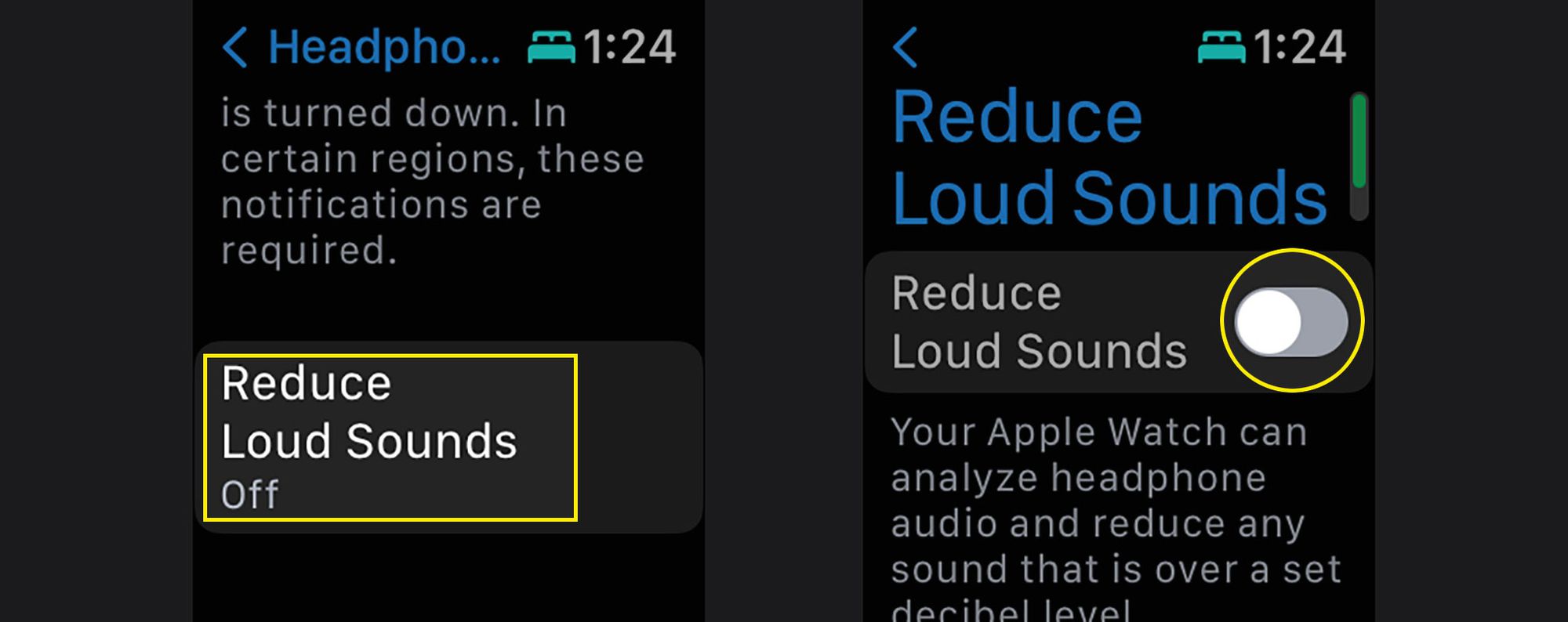 Меню «Зменшення гучних звуків» і перемикач у налаштуваннях Apple Watch