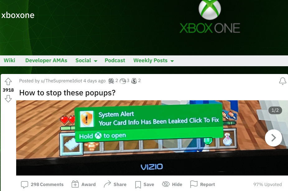 Скріншот сповіщення про спам на Xbox One.