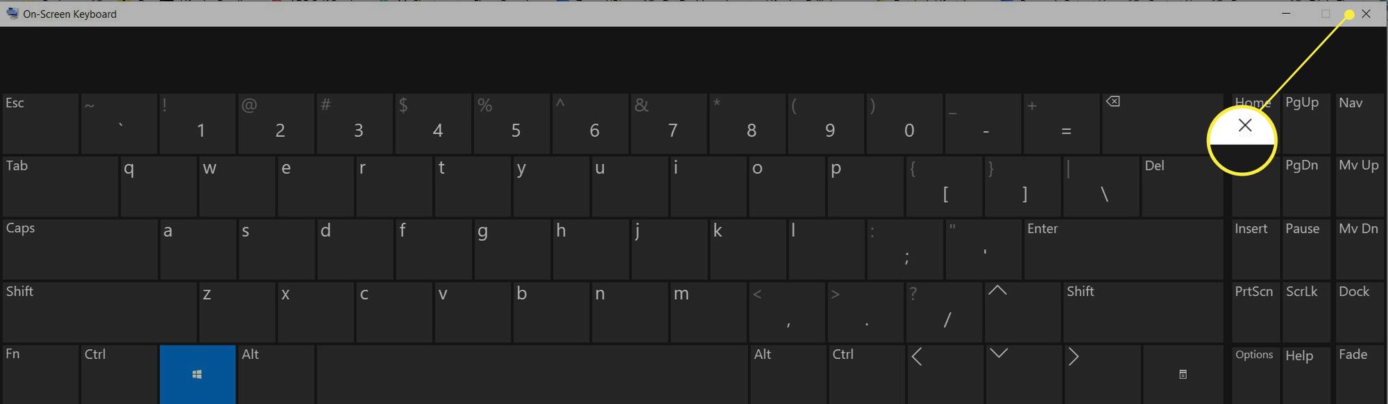 Екранна клавіатура з виділеним знаком закриття (X).