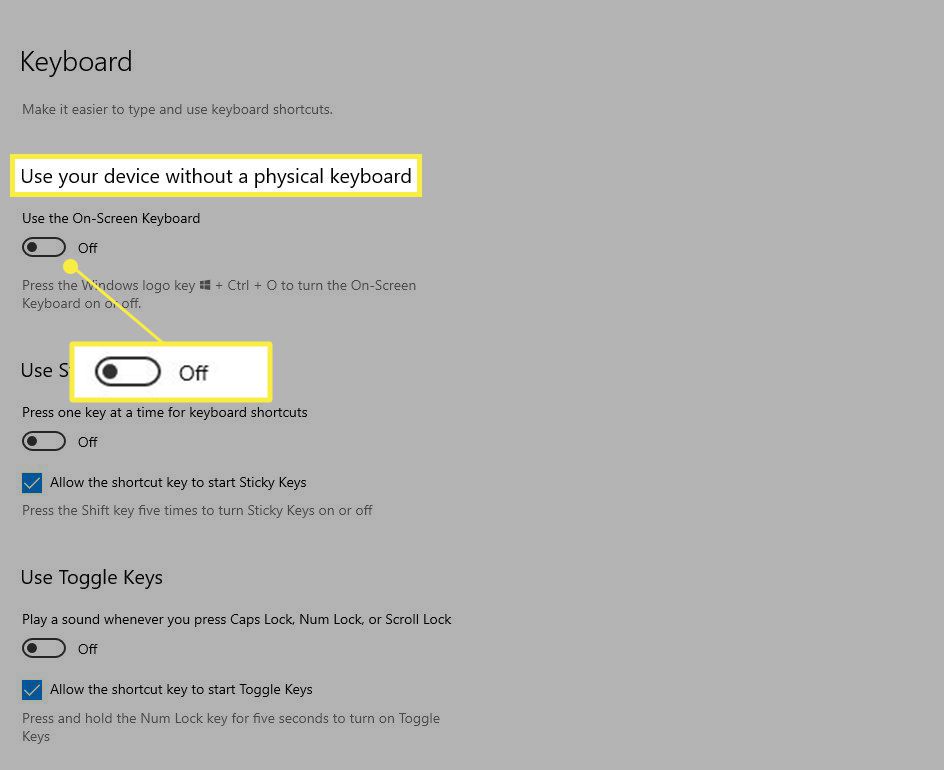 Екран параметрів клавіатури, на якому показано можливість використання пристрою без фізичної клавіатури.