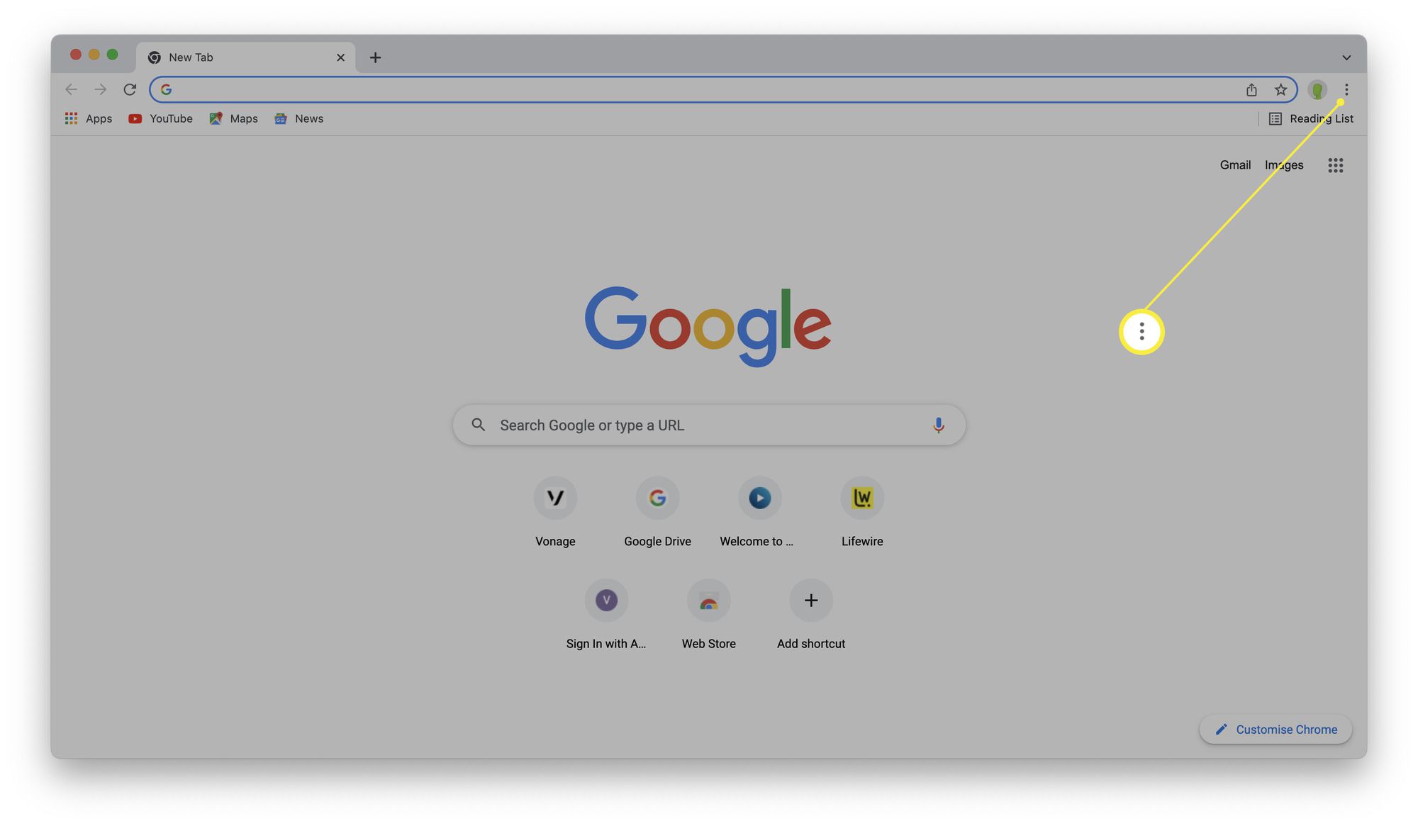 Google Chrome із виділеною піктограмою з крапкою.