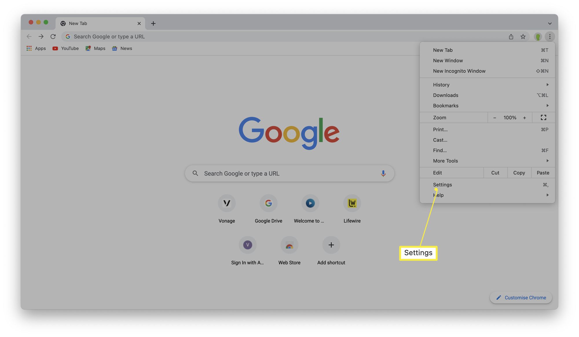 Google Chrome із виділеними налаштуваннями. 