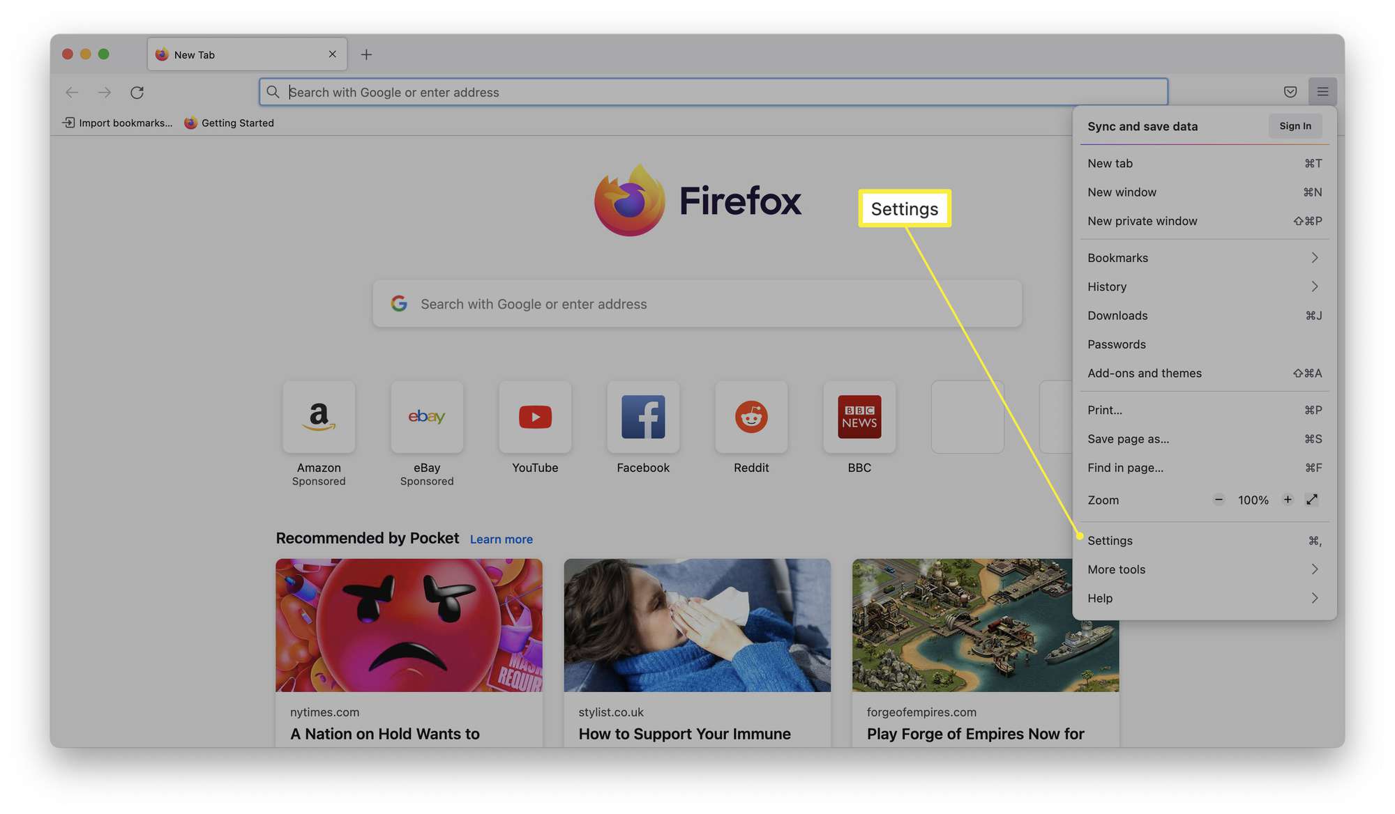 Firefox із виділеними налаштуваннями.