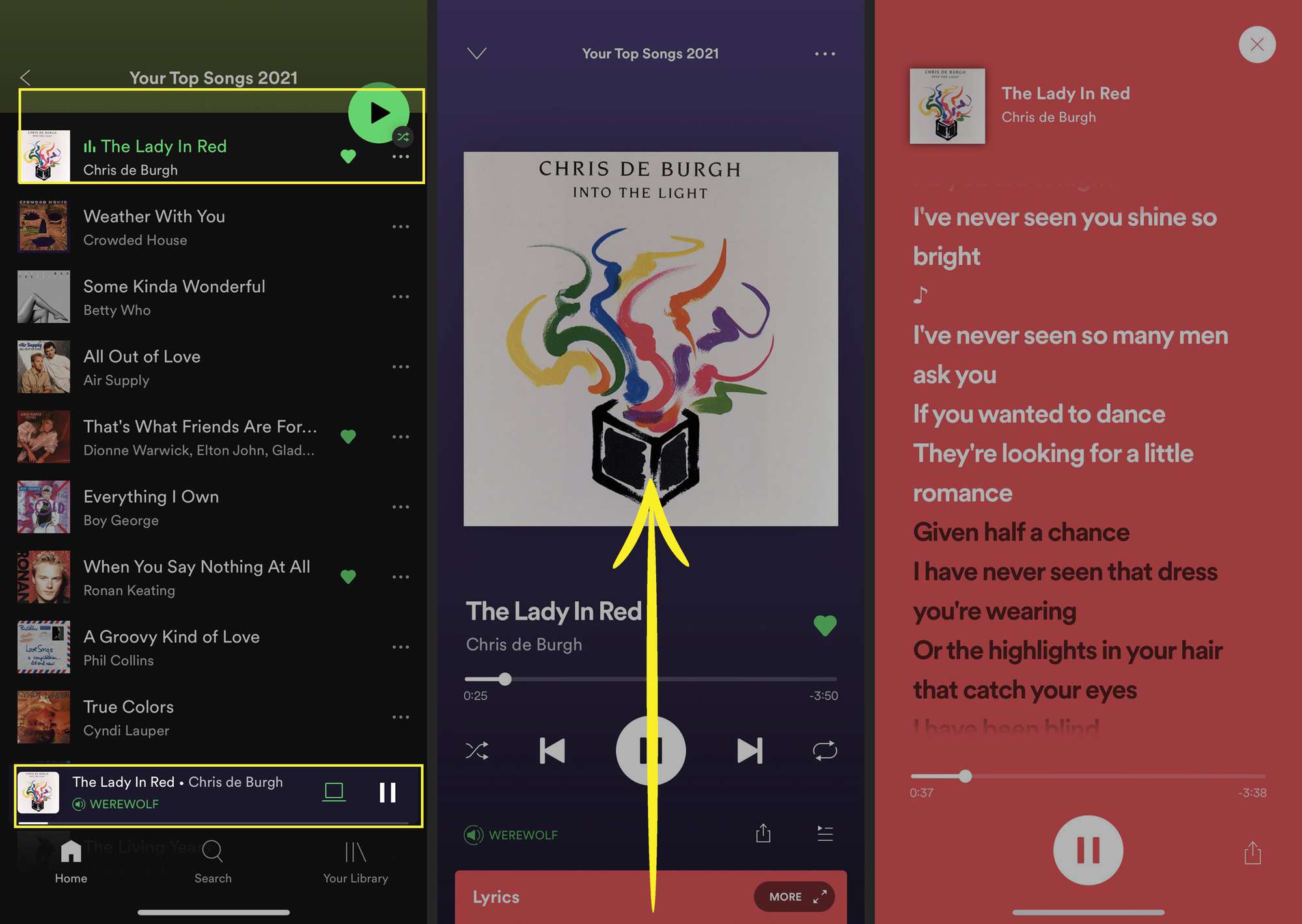 Тексти пісень Spotify на iOS із виділеною піснею та позначенням пальця вгору