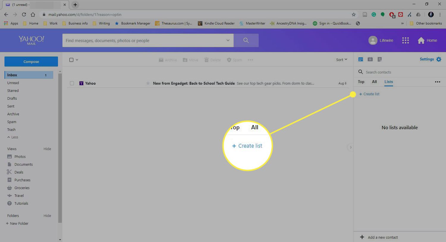 Знімок екрана Yahoo Mail із виділеною командою «Створити список».