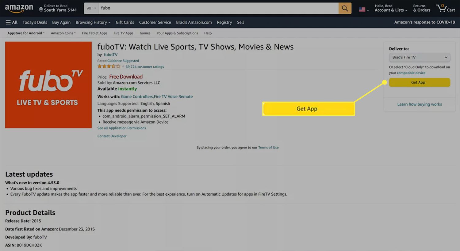 Сторінка програми fuboTV на веб-сайті Amazon із виділеною кнопкою «Отримати програму».