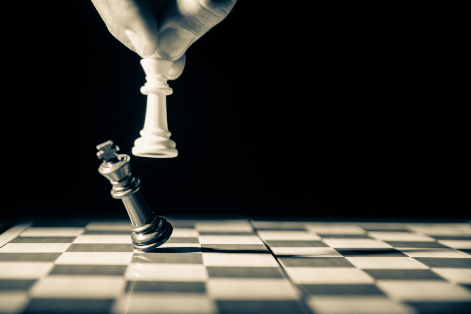 Зображення білого шахового короля крупним планом у градаціях сірого, що знищує чорного шахового короля. 