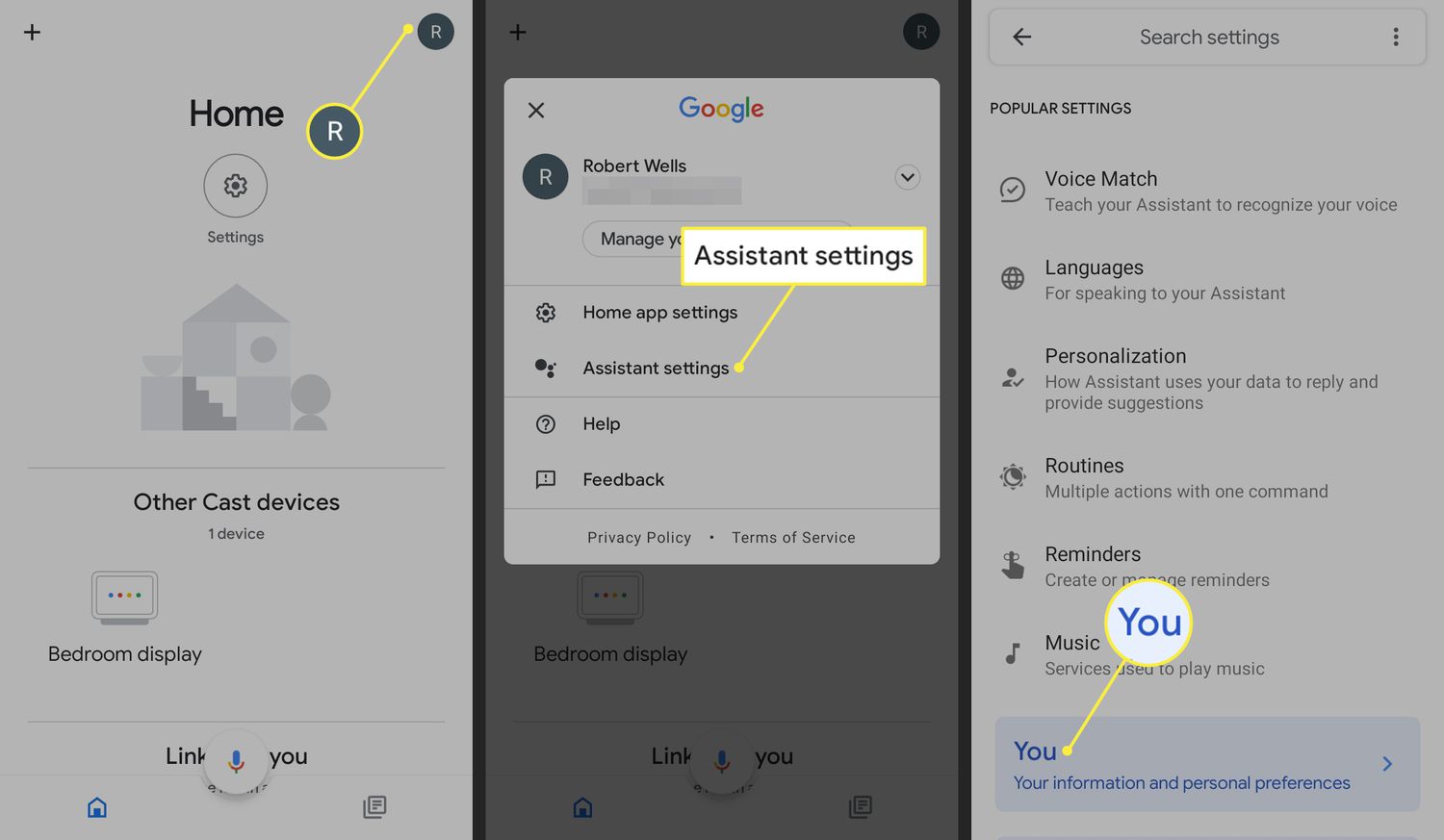 У програмі Google Home виділено значок профілю, налаштування Асистента та Ви