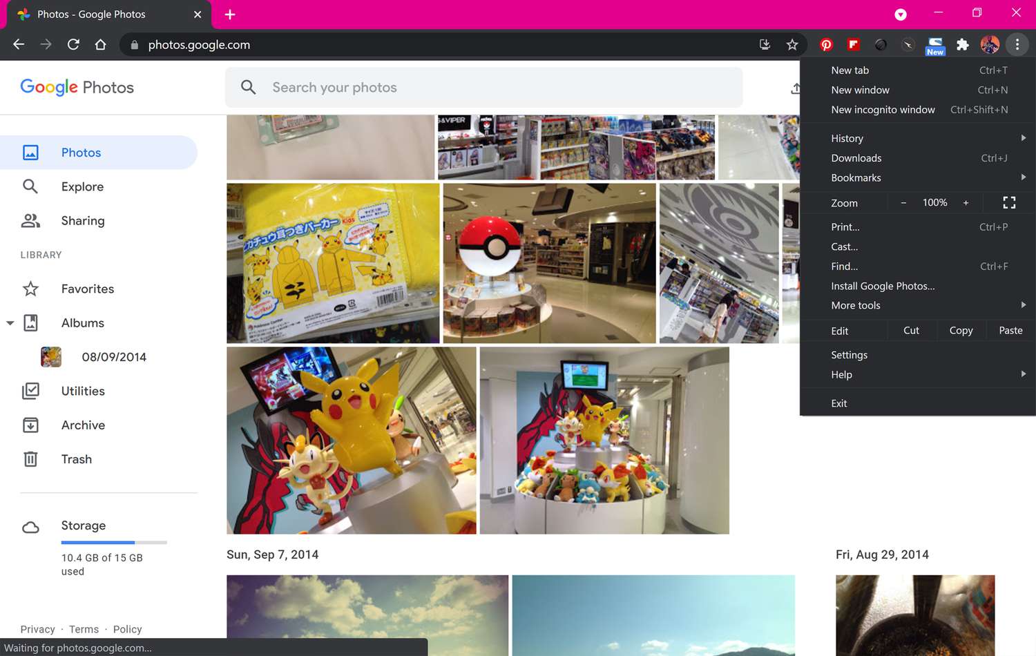 Веб-сайт Google Photos у веб-переглядачі Google Chrome із опцією Chromecast, яка відображається в меню.