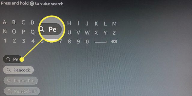 Функція пошуку Fire Stick підсвічує введення "PE", щоб знайти програму Peacock