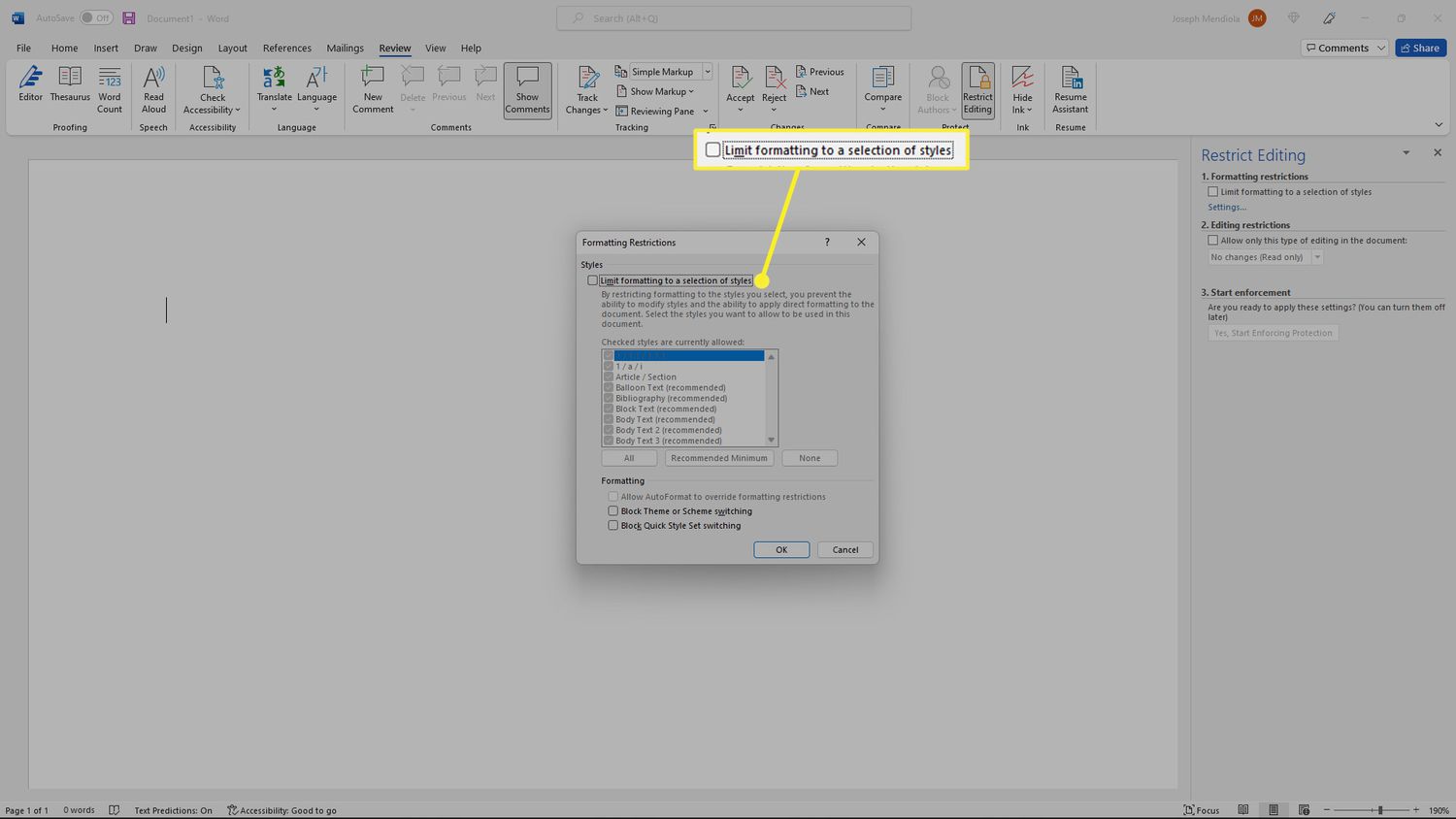 Прапорець «Обмежити форматування вибором стилів» у Microsoft Word