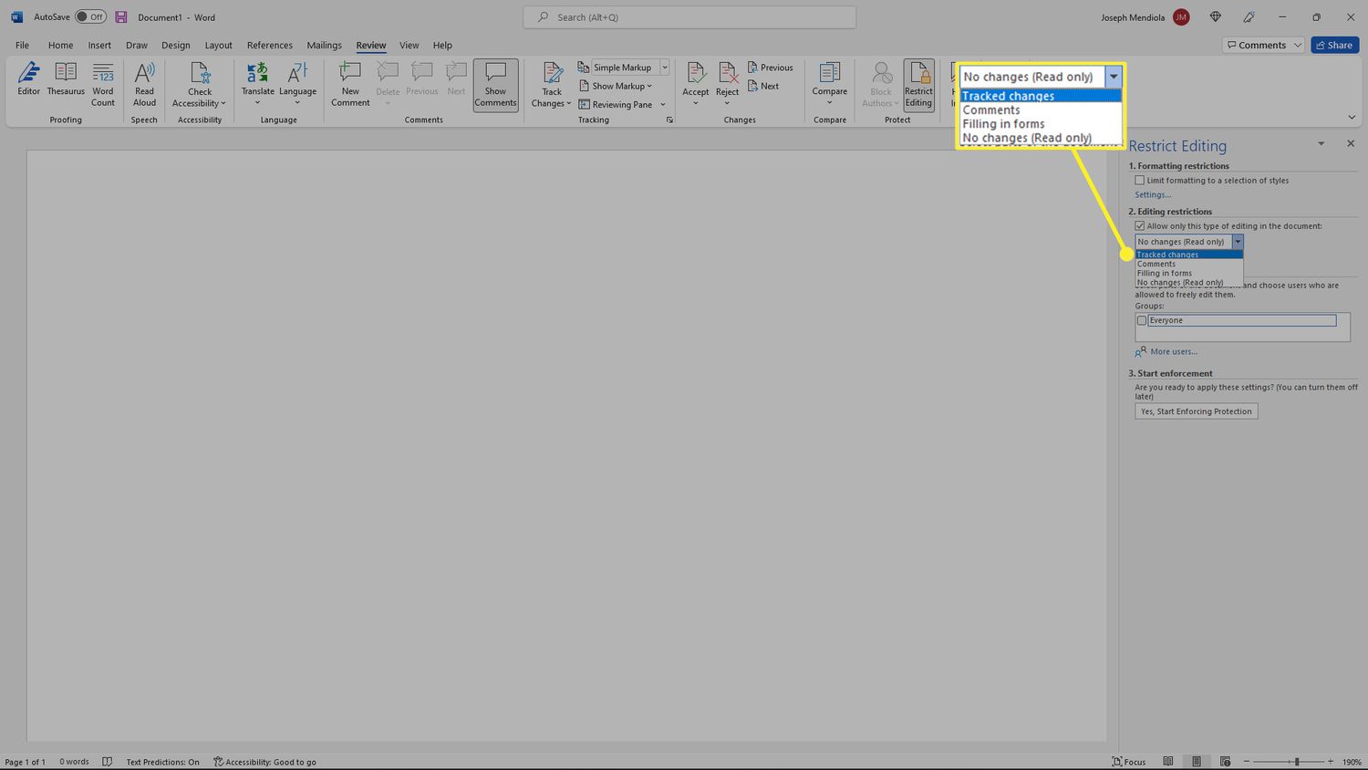 Розкривне меню «Обмежити редагування» (форми, коментарі, відстежувати зміни) у Microsoft Word