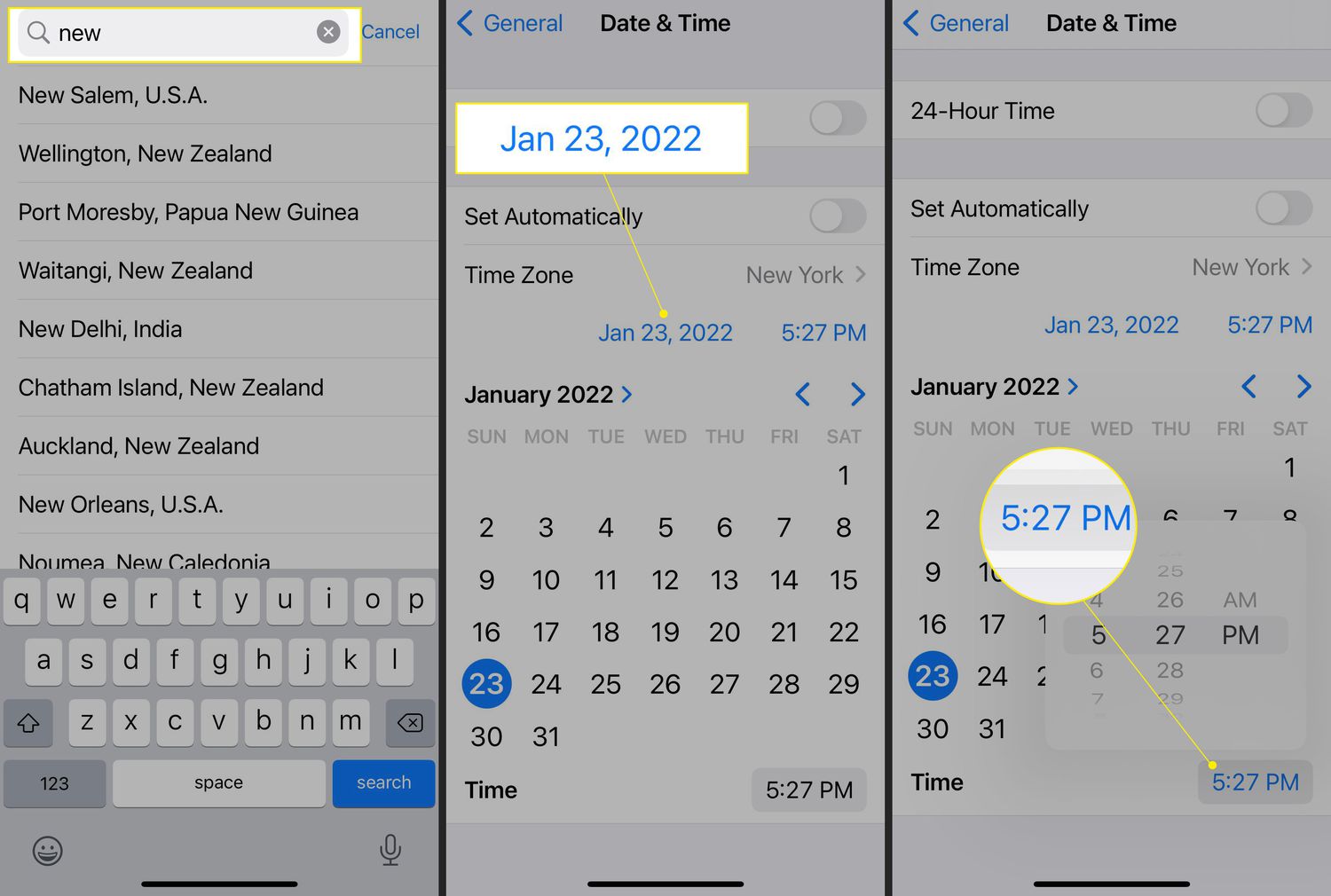 Налаштування дати й часу iPhone із функцією пошуку, виділеними датою й часом